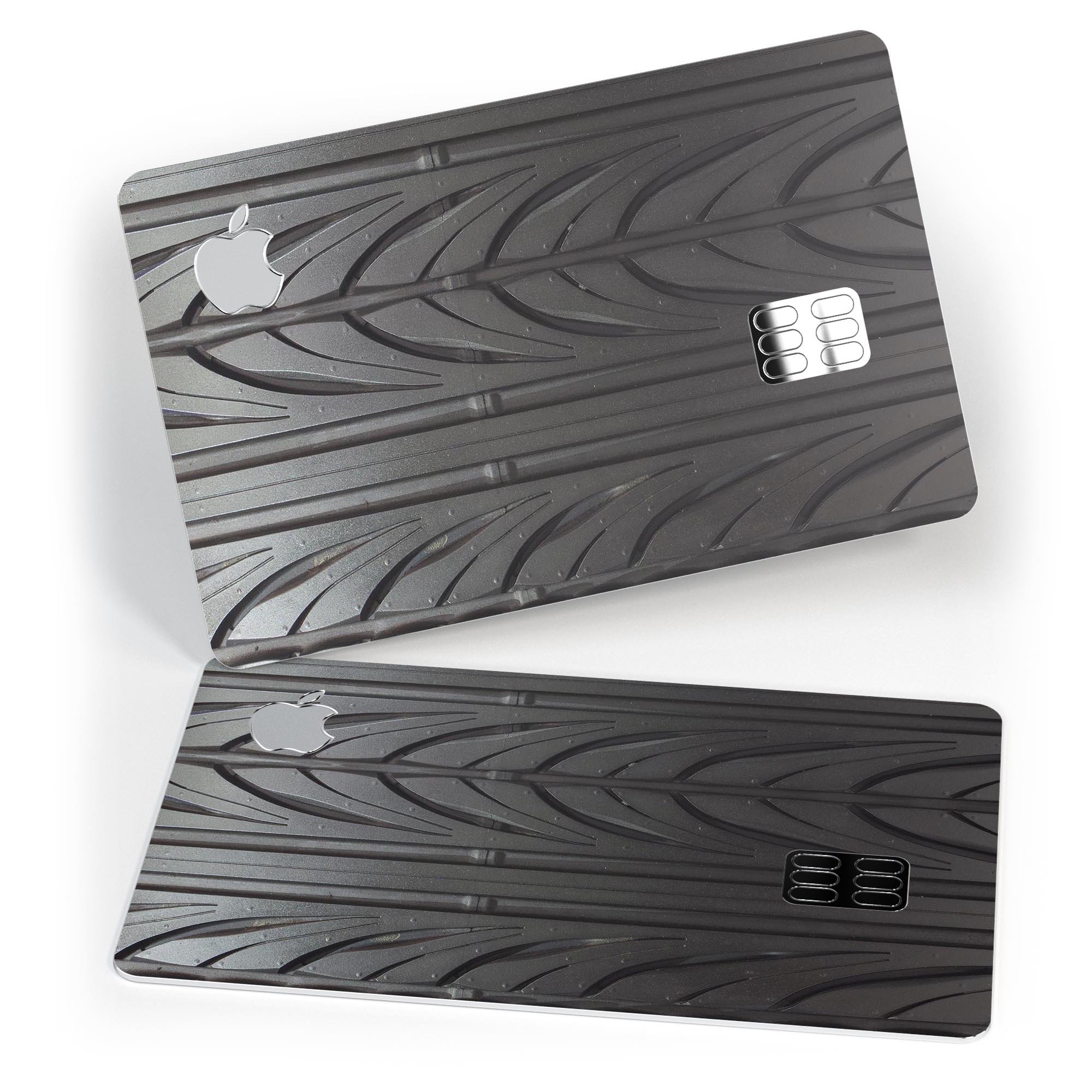 Shiny Black Tire Tread decal skin-kit for Apple Card, showcasing premium vinyl finish and bubble-free installation.