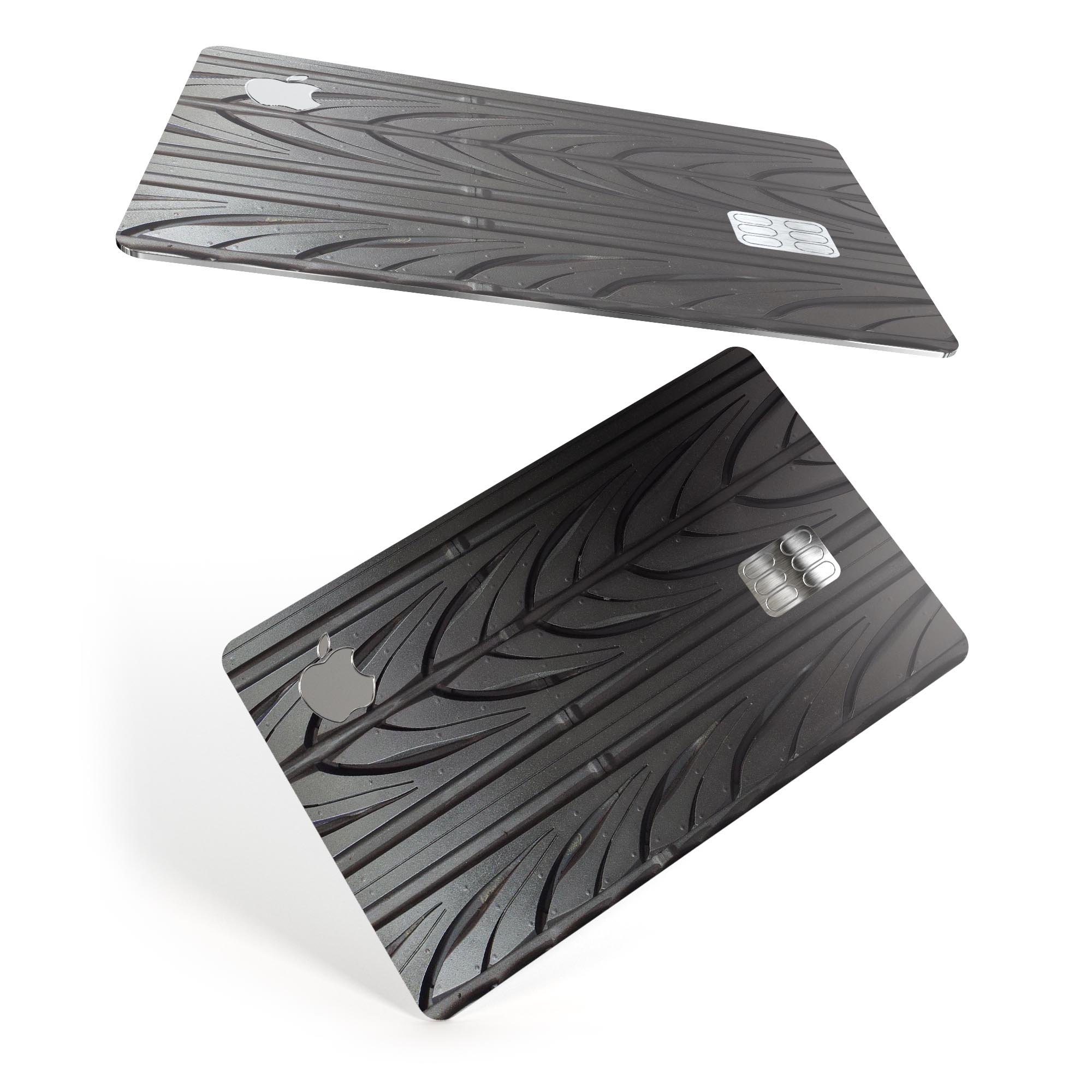 Shiny Black Tire Tread decal skin-kit for Apple Card, showcasing premium vinyl finish and bubble-free installation.