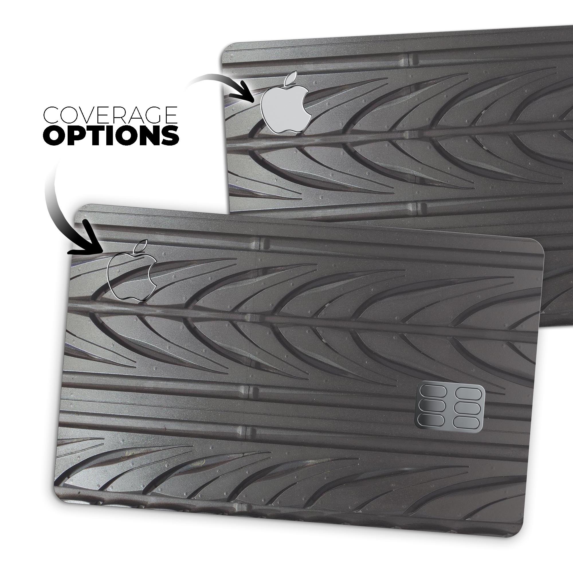 Shiny Black Tire Tread decal skin-kit for Apple Card, showcasing premium vinyl finish and bubble-free installation.