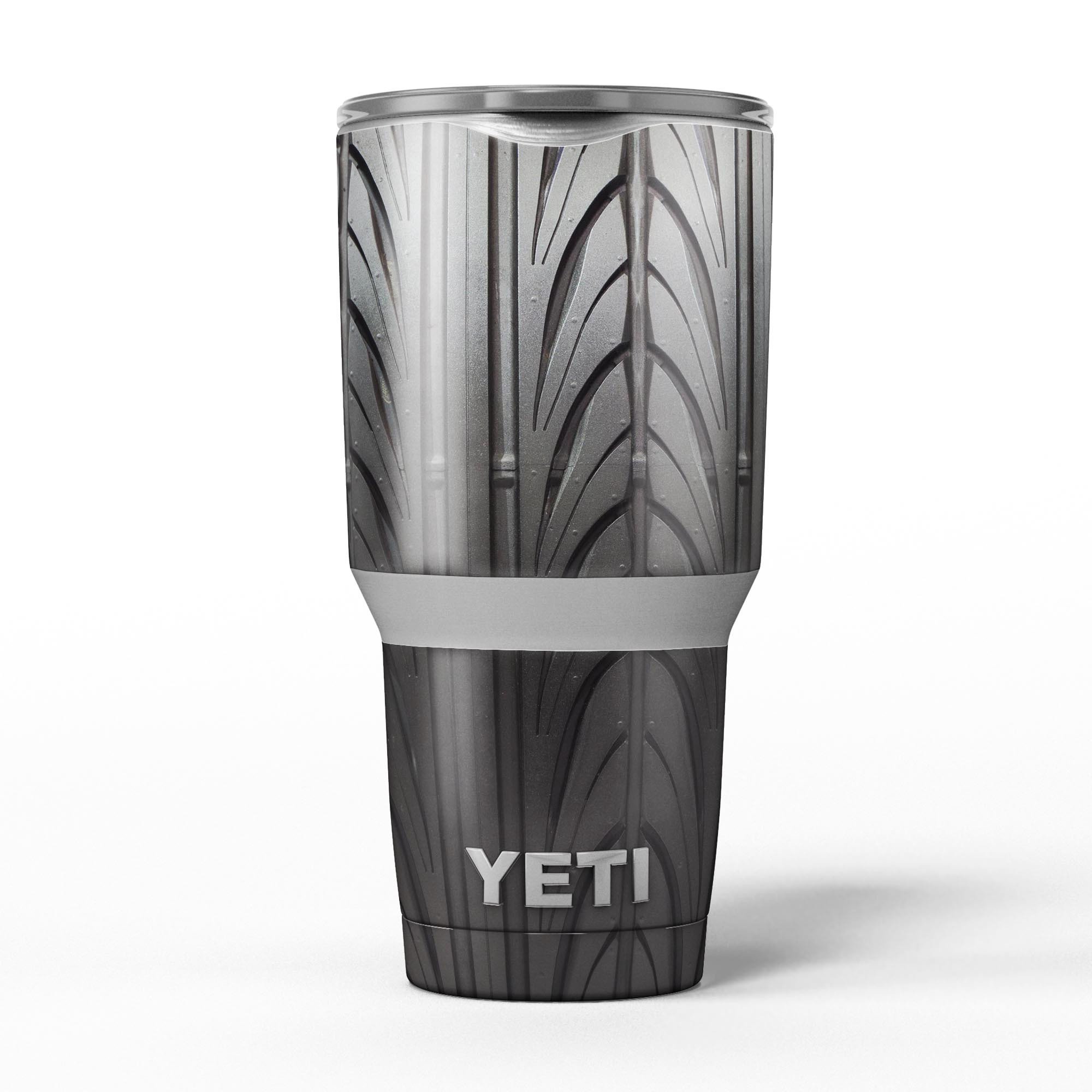 Shiny Black Tire Tread Skin Decal Vinyl Wrap Kit for Yeti Coolers, showcasing a sleek design and premium vinyl material.