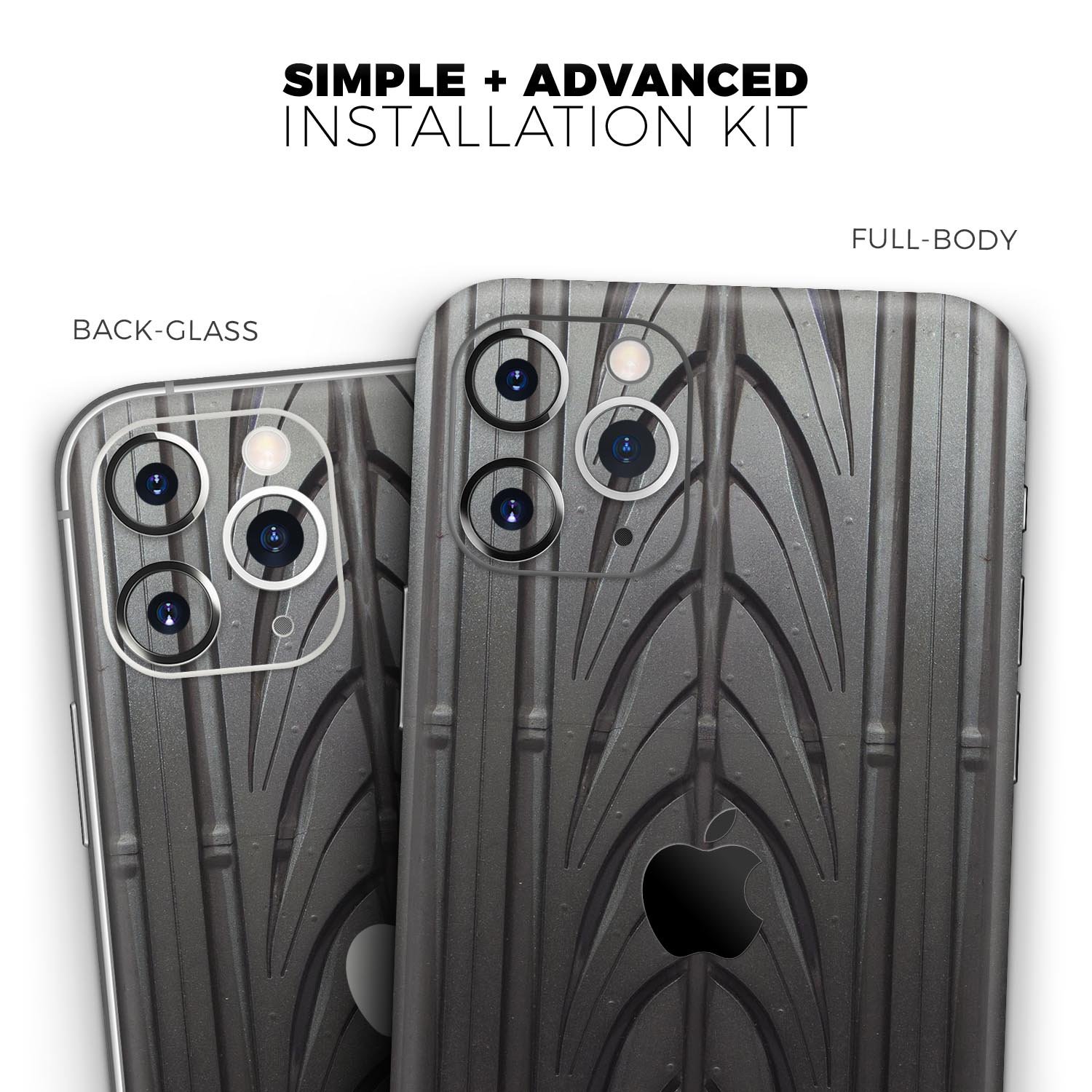 Shiny Black Tire Tread Skin-Kit for Apple iPhone, showcasing a sleek design and premium vinyl material.