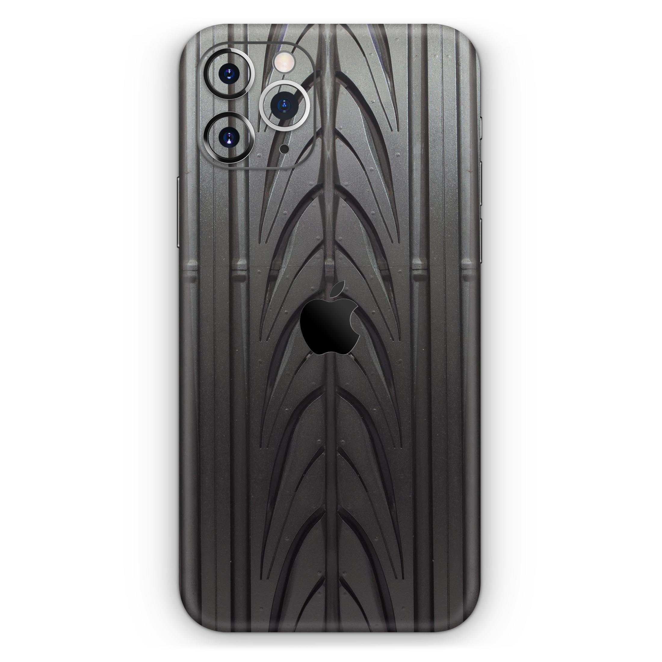 Shiny Black Tire Tread Skin-Kit for Apple iPhone, showcasing a sleek design and premium vinyl material.