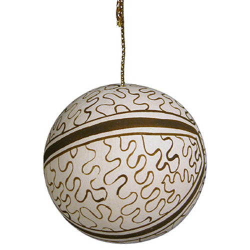 Handmade Shipibo Ceramic Ball Ornament featuring unique geometric patterns, perfect for Christmas or year-round decoration.