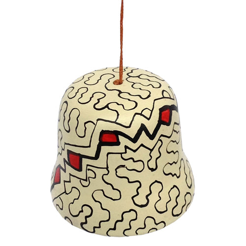 Handmade Shipibo ceramic bell ornament featuring intricate geometric patterns, perfect for festive decoration.