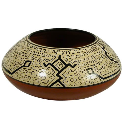 A vibrant Shipibo Ceramic Round Pot showcasing intricate geometric designs, handmade by Peruvian artisans in Cherry, Green, or White colors.