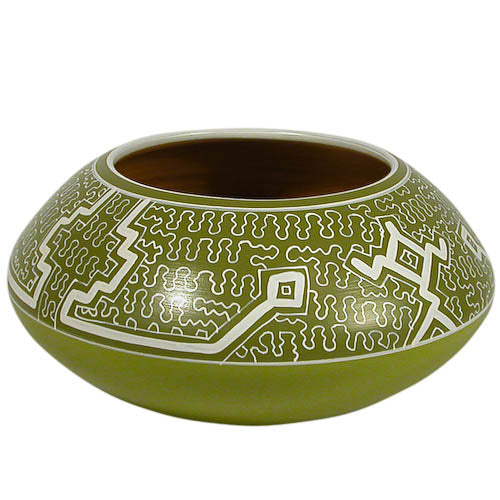 A vibrant Shipibo Ceramic Round Pot showcasing intricate geometric designs, handmade by Peruvian artisans in Cherry, Green, or White colors.