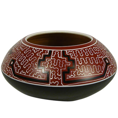 A vibrant Shipibo Ceramic Round Pot showcasing intricate geometric designs, handmade by Peruvian artisans in Cherry, Green, or White colors.