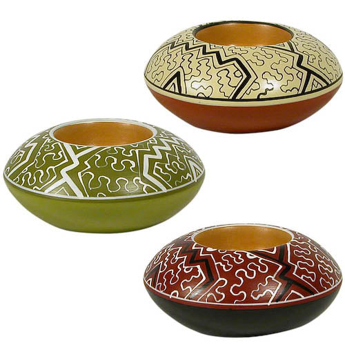 Handmade Shipibo Ceramic Tea Light Holder in Cherry, Green, and White colors, showcasing intricate geometric designs.