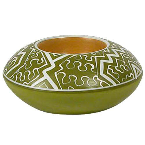 Handmade Shipibo Ceramic Tea Light Holder in Cherry, Green, and White colors, showcasing intricate geometric designs.