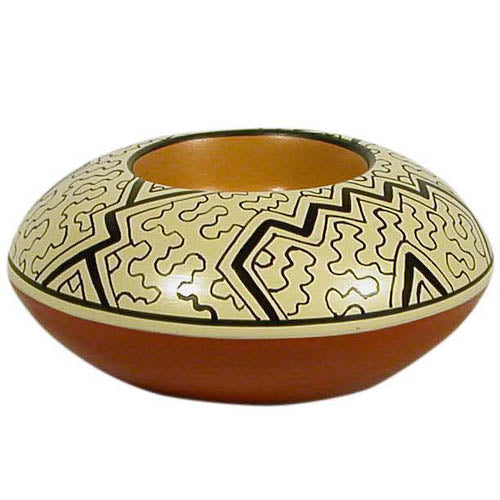 Handmade Shipibo Ceramic Tea Light Holder in Cherry, Green, and White colors, showcasing intricate geometric designs.