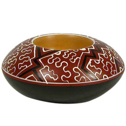 Handmade Shipibo Ceramic Tea Light Holder in Cherry, Green, and White colors, showcasing intricate geometric designs.