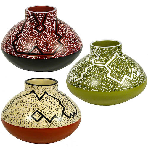 Handmade Shipibo Round Pot with Short Stack, featuring intricate geometric designs, available in Cherry, Green, or White, perfect for home decor.