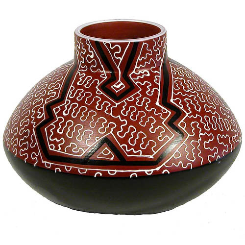 Handmade Shipibo Round Pot with Short Stack, featuring intricate geometric designs, available in Cherry, Green, or White, perfect for home decor.