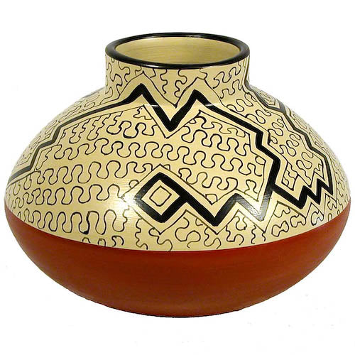 Handmade Shipibo Round Pot with Short Stack, featuring intricate geometric designs, available in Cherry, Green, or White, perfect for home decor.