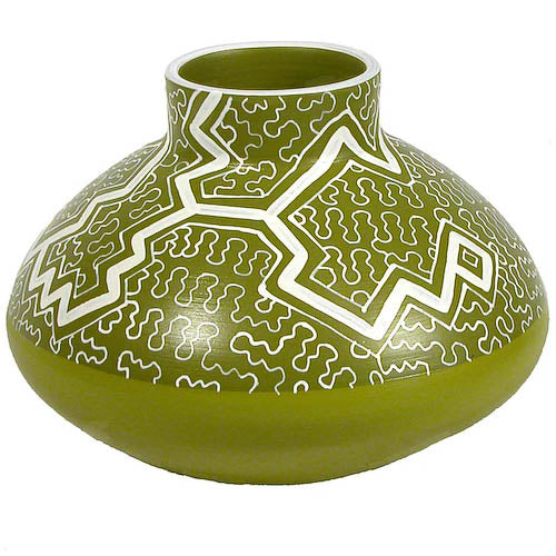 Handmade Shipibo Round Pot with Short Stack, featuring intricate geometric designs, available in Cherry, Green, or White, perfect for home decor.