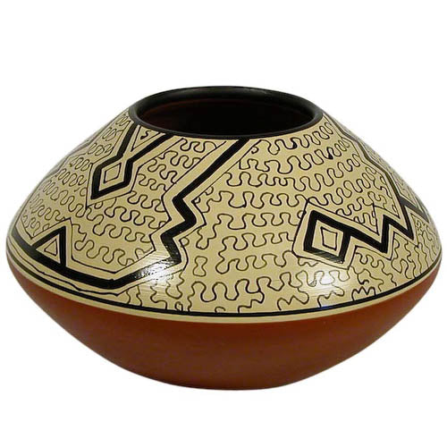 Handmade Shipibo Round Pot with Tapered Top, featuring intricate geometric designs in vibrant colors, crafted by Peruvian artisans.