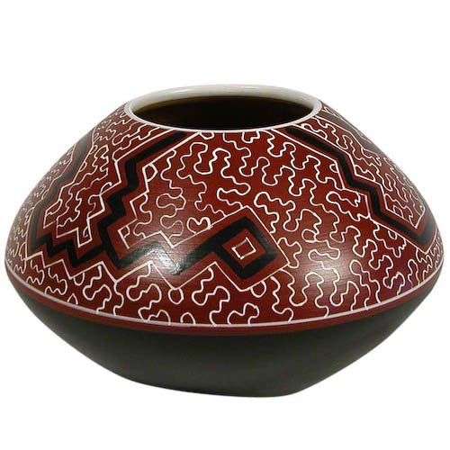 Handmade Shipibo Round Pot with Tapered Top, featuring intricate geometric designs in vibrant colors, crafted by Peruvian artisans.