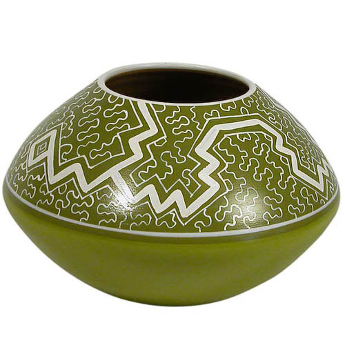 Handmade Shipibo Round Pot with Tapered Top, featuring intricate geometric designs in vibrant colors, crafted by Peruvian artisans.