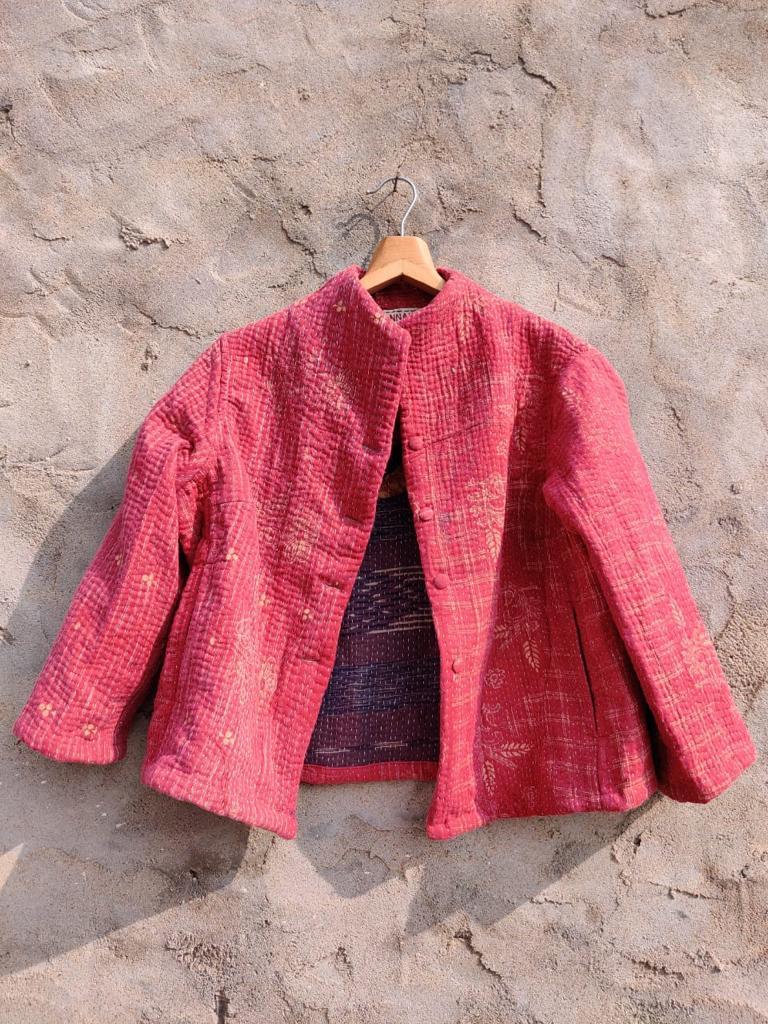 Shoma Vintage Kantha Jacket showcasing intricate embroidery and a structured collar, made from unique vintage fabric.