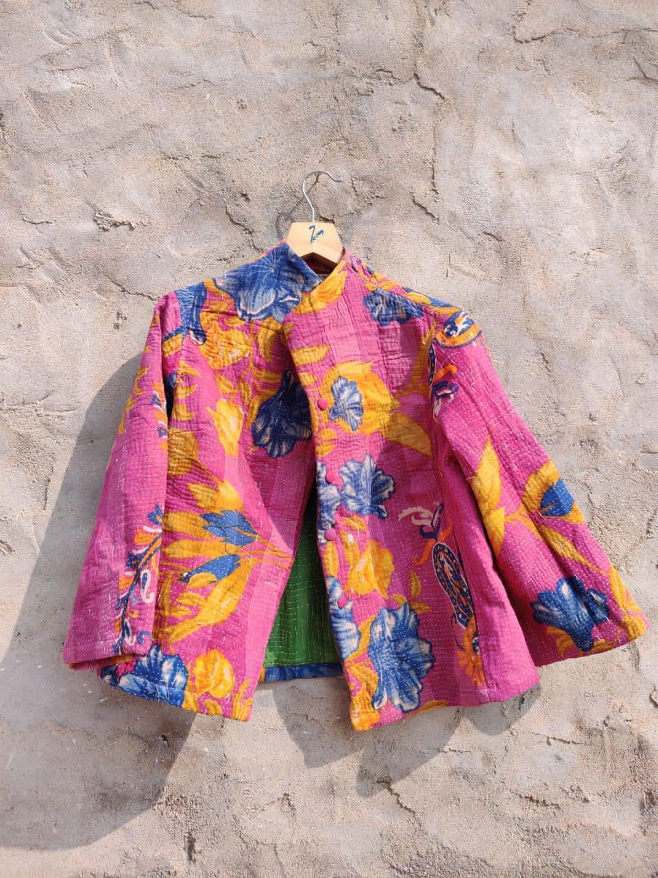 Shoma Vintage Kantha Jacket showcasing intricate embroidery and a structured collar, made from unique vintage fabrics.