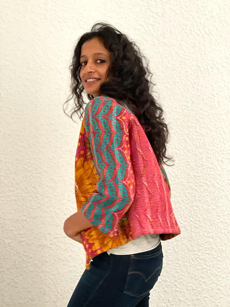 Shoma Vintage Kantha Jacket featuring intricate embroidery and a structured collar, made from repurposed vintage fabric.