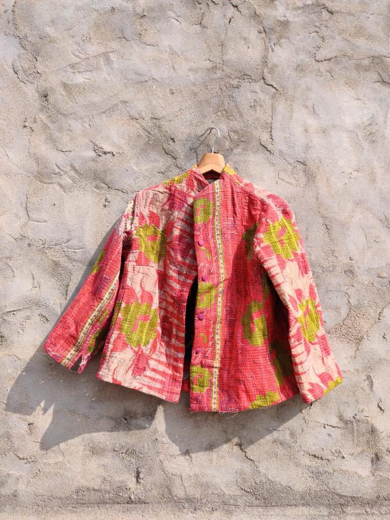 Shoma Vintage Kantha Jacket in size L, showcasing intricate embroidery and a classic structured collar.