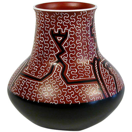 Handmade Shpibo Rounded Pot with Stove Stack Top, featuring intricate geometric designs and vibrant colors, perfect for home decor.