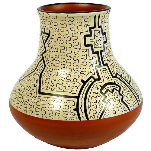 Handmade Shpibo Rounded Pot with Stove Stack Top, featuring intricate geometric designs and vibrant colors, perfect for home decor.