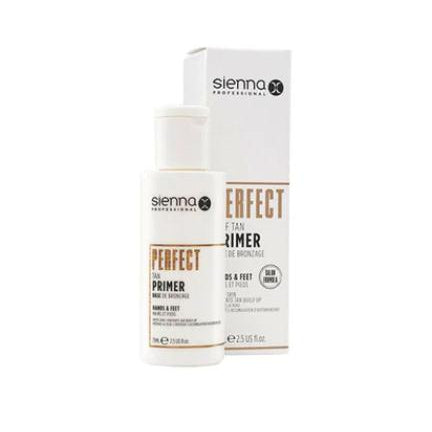 Sienna X PERFECT Self Tan Primer bottle with a sleek design, showcasing its natural ingredients and vegan formula.