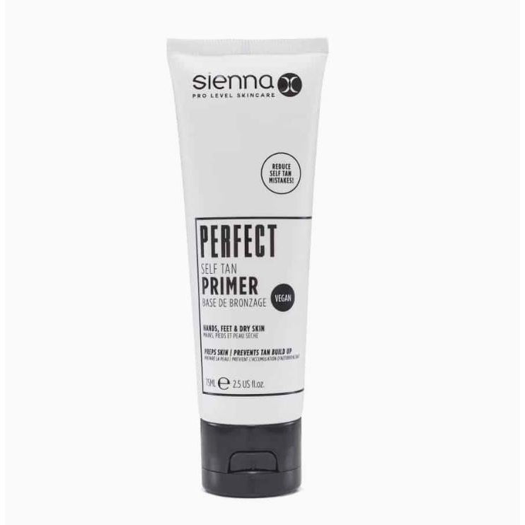 Sienna X PERFECT Self Tan Primer bottle with a sleek design, showcasing its natural ingredients and vegan formula.