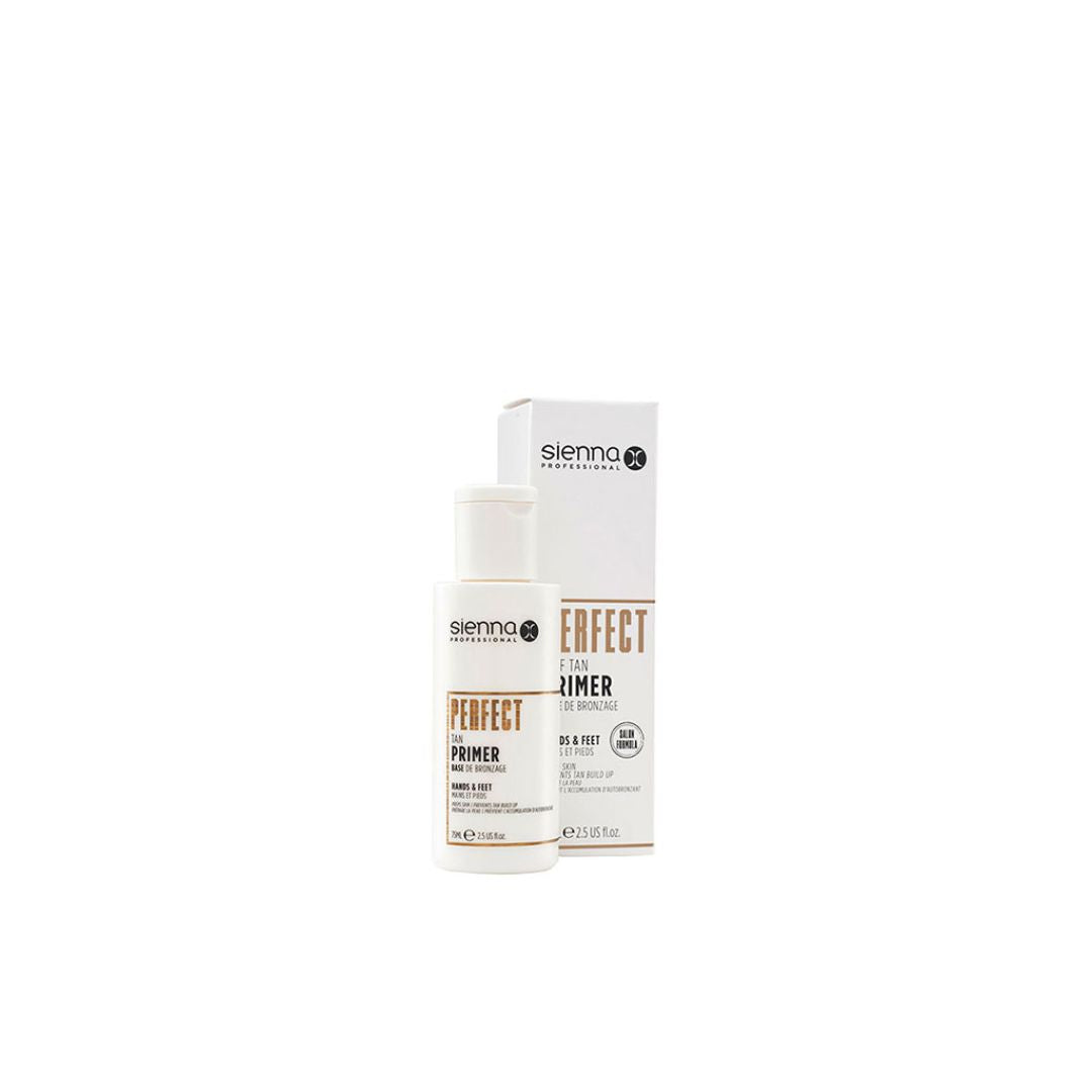 Sienna X PERFECT Self Tan Primer bottle with a sleek design, showcasing its natural ingredients and vegan formula.