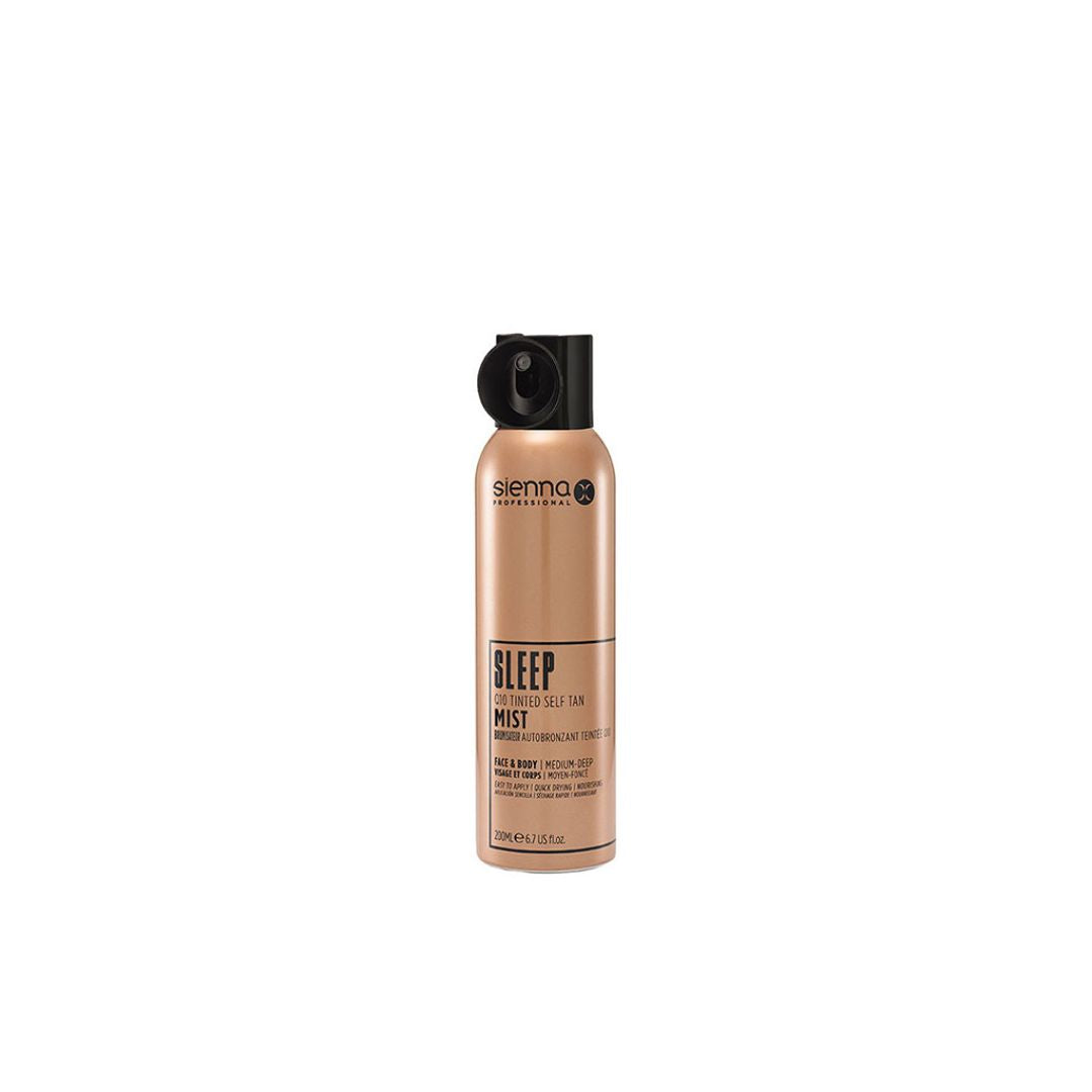 Sienna X Q10 Tinted Mist spray bottle with a luxurious design, showcasing its medium to deep self-tanning capabilities.