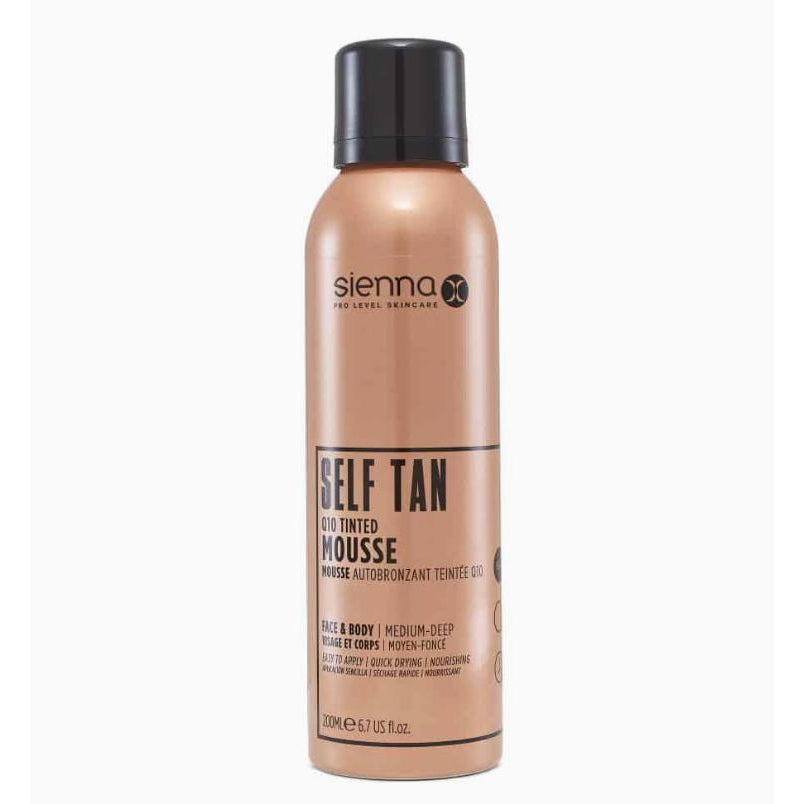 Sienna X SLEEP Q10 Tinted Mousse bottle with a sleek design, showcasing its luxurious self-tanning formula for a natural glow.