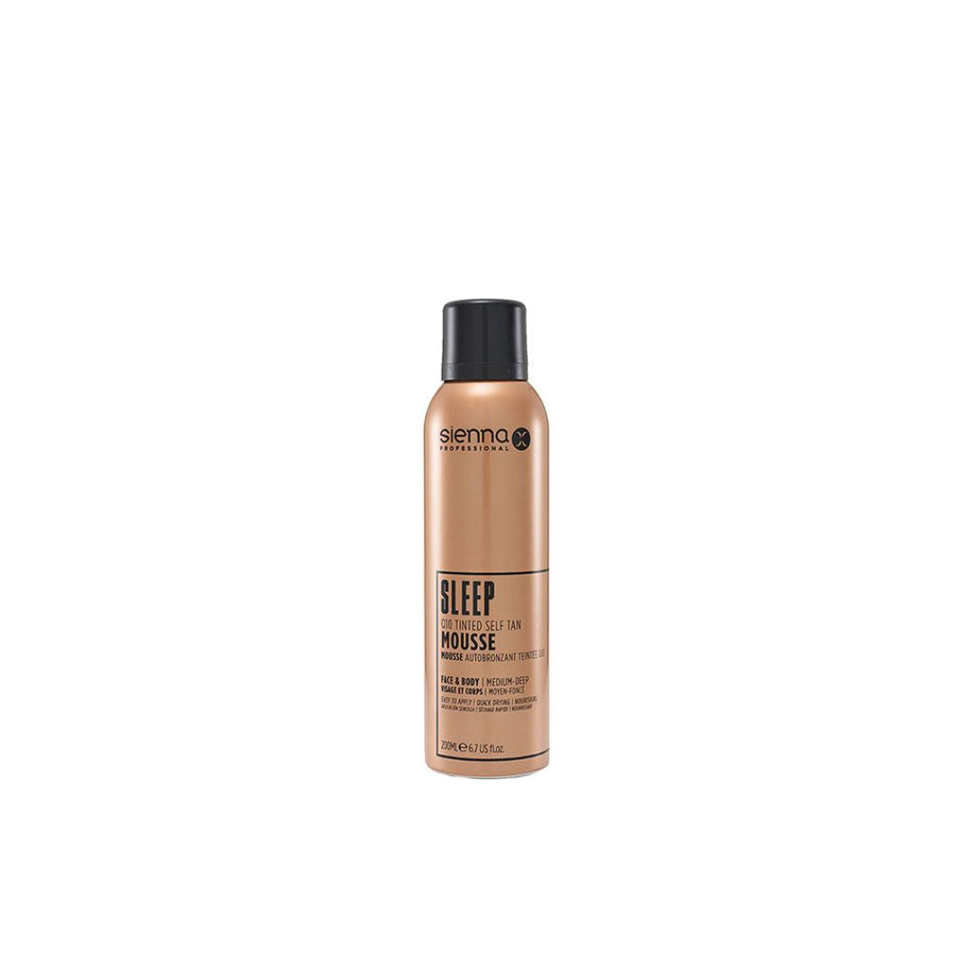 Sienna X SLEEP Q10 Tinted Mousse bottle with a sleek design, showcasing its luxurious self-tanning formula for a natural glow.