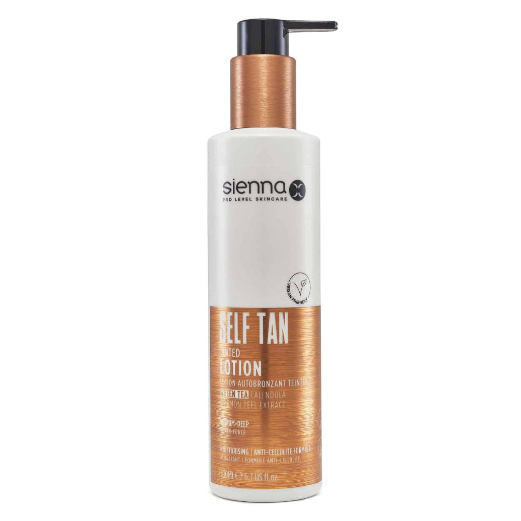 Sienna X SLEEP Tinted Self Tan Lotion bottle with a sleek design, showcasing its vegan and anti-cellulite formula for a flawless tan.