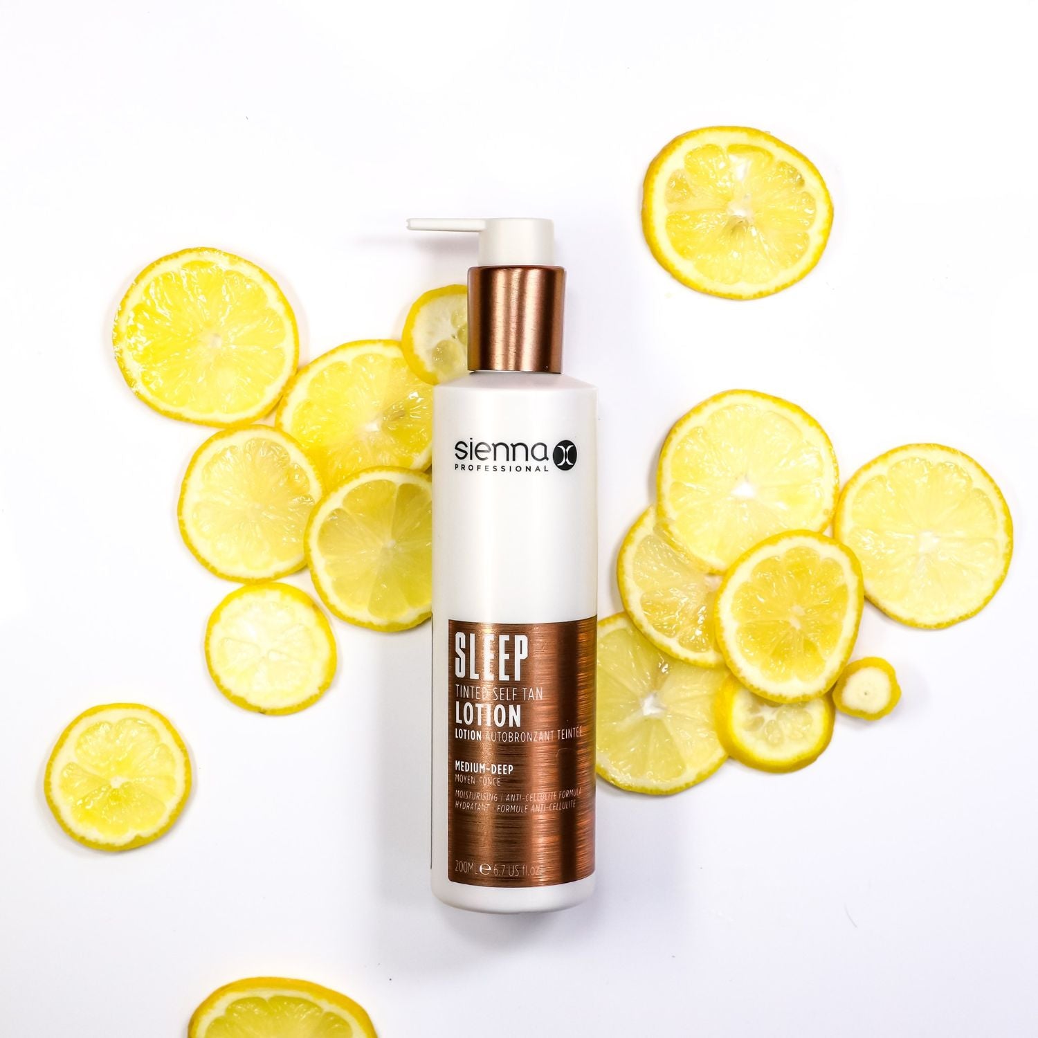 Sienna X SLEEP Tinted Self Tan Lotion bottle with a sleek design, showcasing its vegan and anti-cellulite formula for a flawless tan.