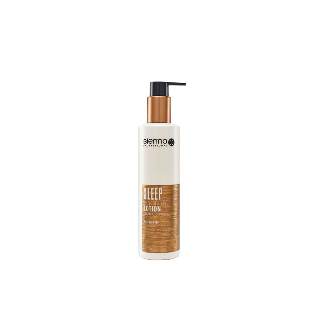 Sienna X SLEEP Tinted Self Tan Lotion bottle with a sleek design, showcasing its vegan and anti-cellulite formula for a flawless tan.