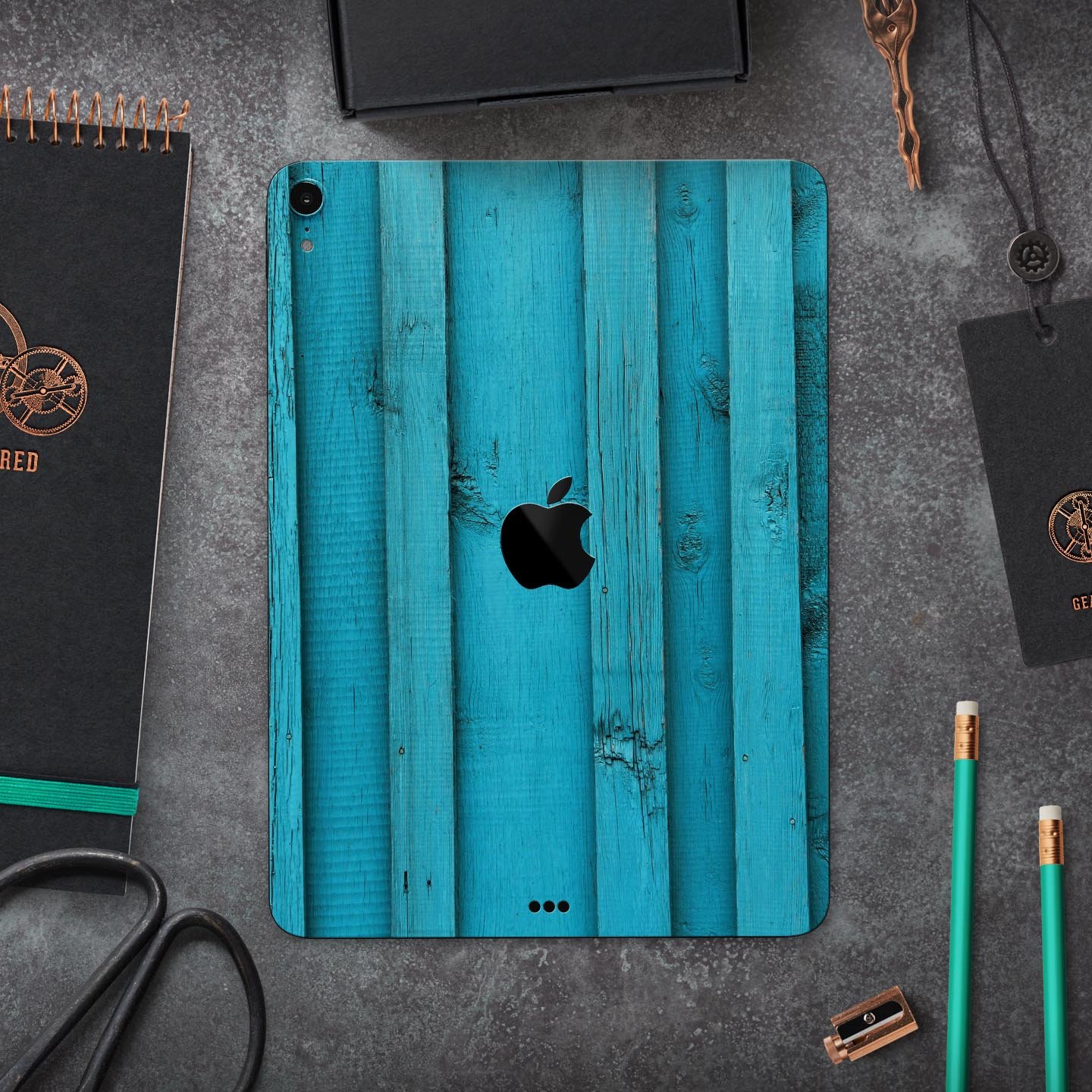 Signature Blue Wood Planks skin decal for Apple iPad, showcasing a stylish wood design with premium finish.