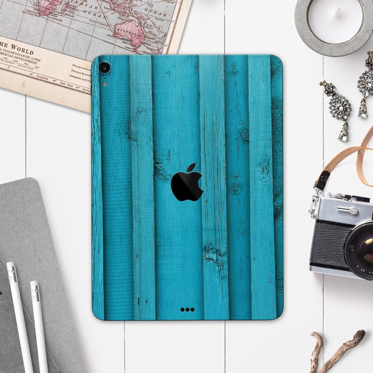 Signature Blue Wood Planks skin decal for Apple iPad, showcasing a stylish wood design with premium finish.