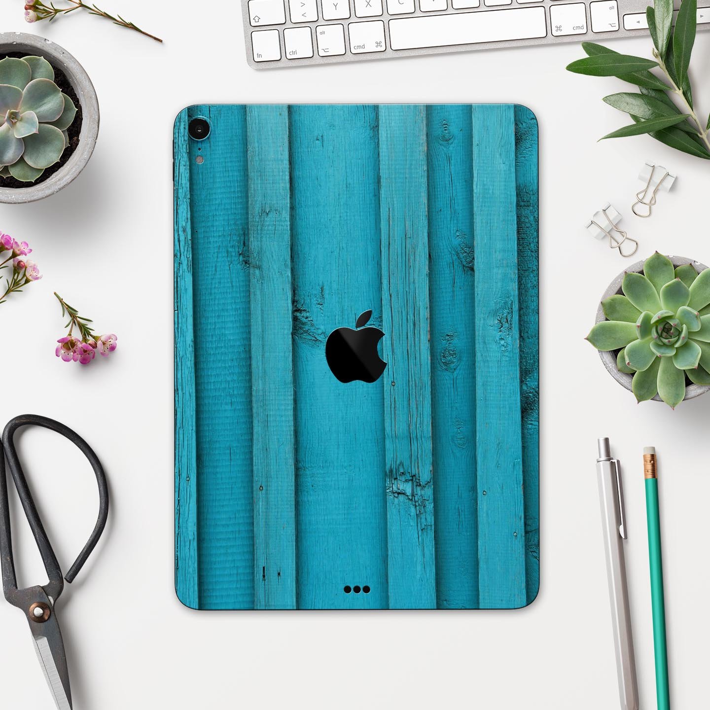 Signature Blue Wood Planks skin decal for Apple iPad, showcasing a stylish wood design with premium finish.