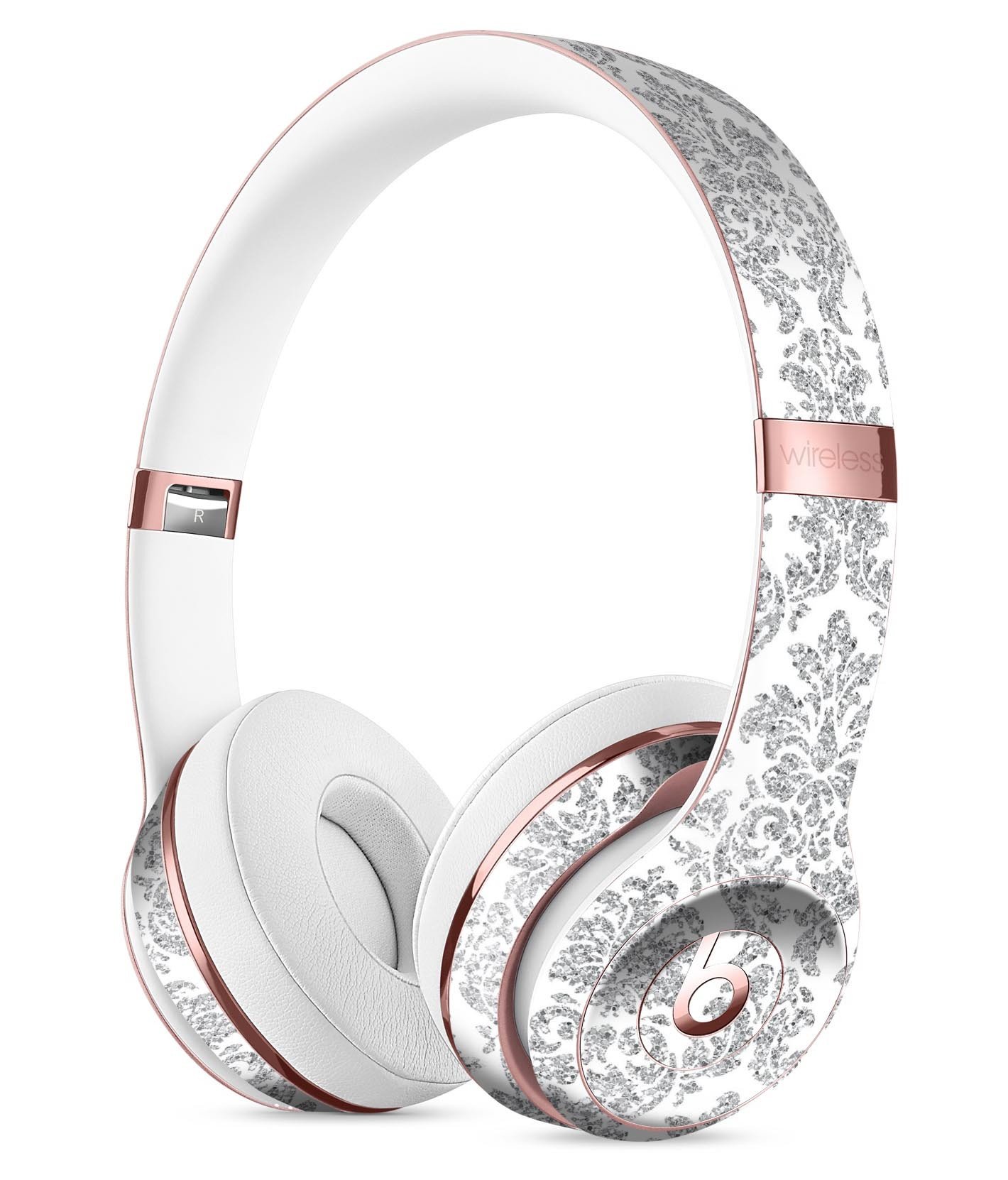 Silver and White Damask Pattern Skin Kit for Beats by Dre Solo 3 Wireless Headphones, showcasing a stylish design and premium vinyl material.