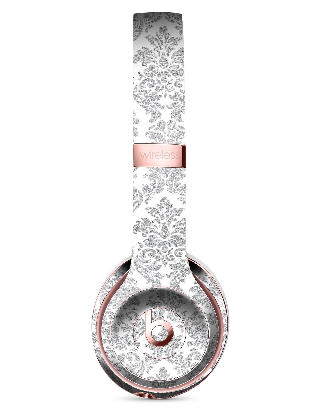 Silver and White Damask Pattern Skin Kit for Beats by Dre Solo 3 Wireless Headphones, showcasing a stylish design and premium vinyl material.