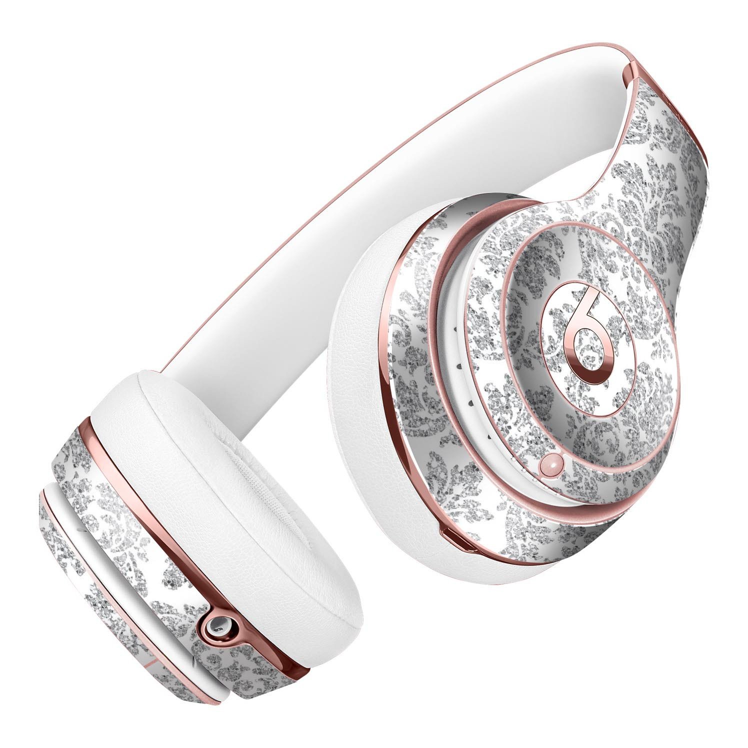 Silver and White Damask Pattern Skin Kit for Beats by Dre Solo 3 Wireless Headphones, showcasing a stylish design and premium vinyl material.