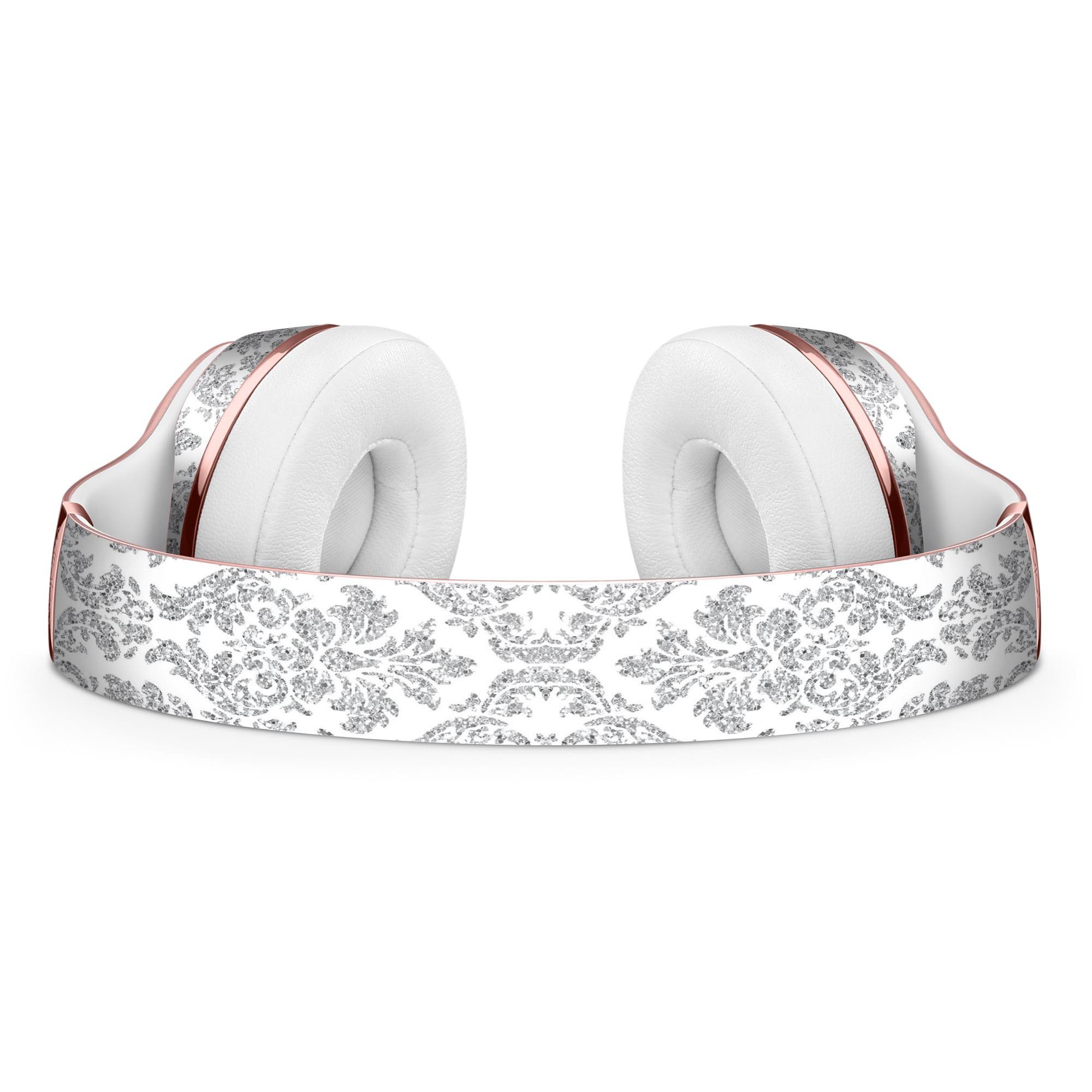 Silver and White Damask Pattern Skin Kit for Beats by Dre Solo 3 Wireless Headphones, showcasing a stylish design and premium vinyl material.