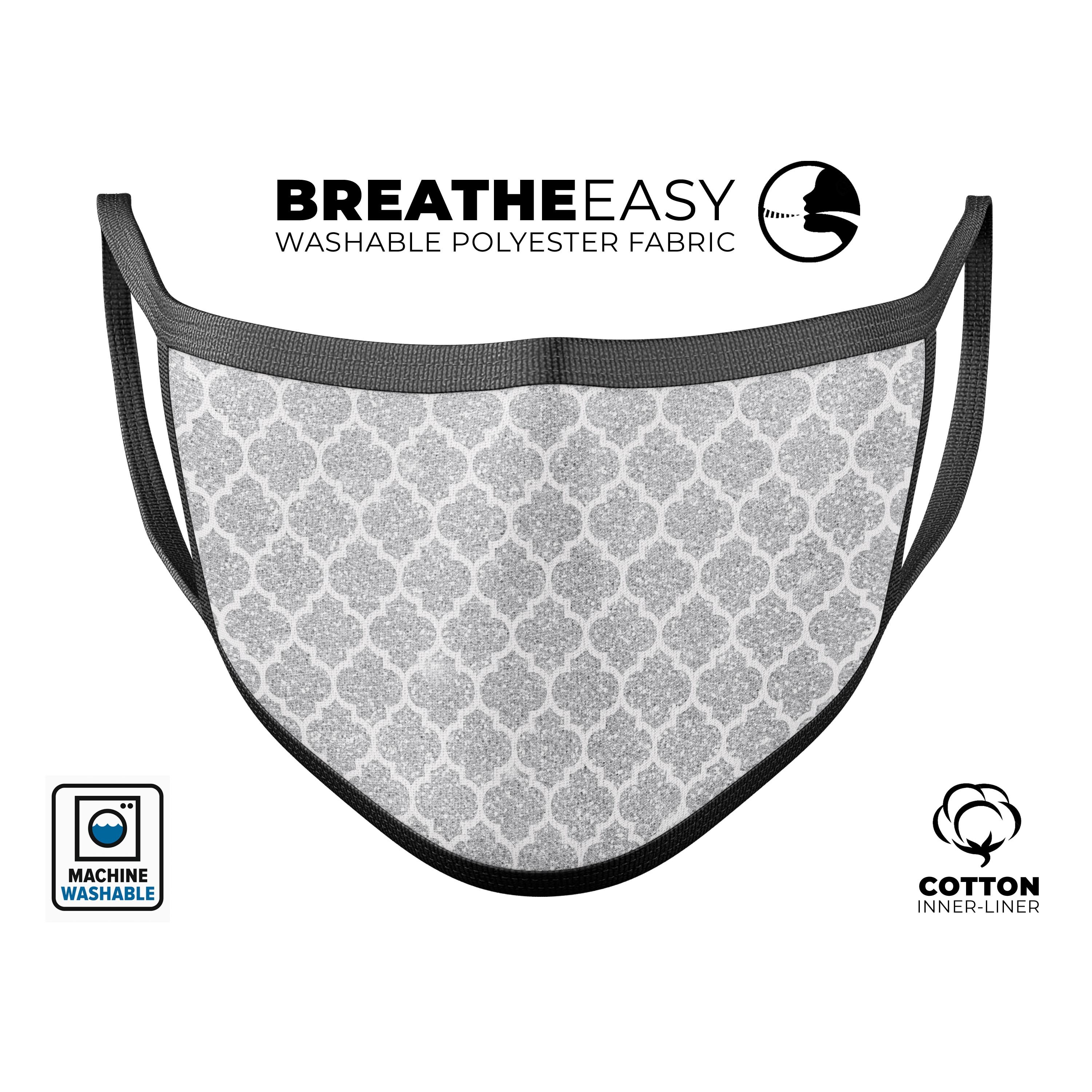 Silver Glitter and White Quatrefoil reusable mouth cover, showcasing a stylish design with adjustable ear loops.