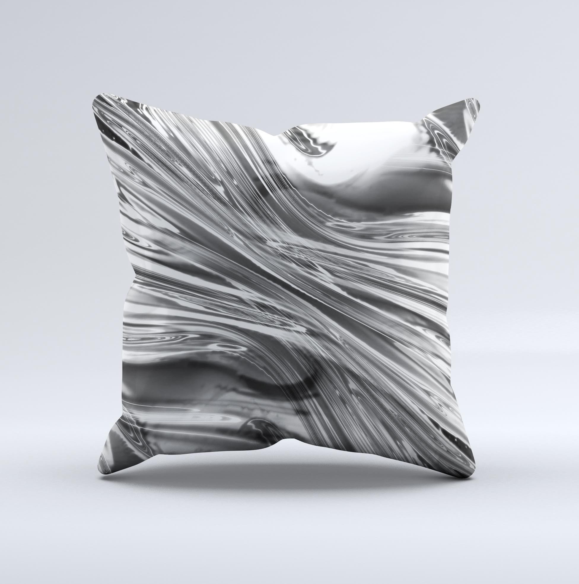 Silver Liquid Mercury Ink-Fuzed Decorative Throw Pillow with unique hand-produced graphic design, showcasing high-quality fabric and craftsmanship.