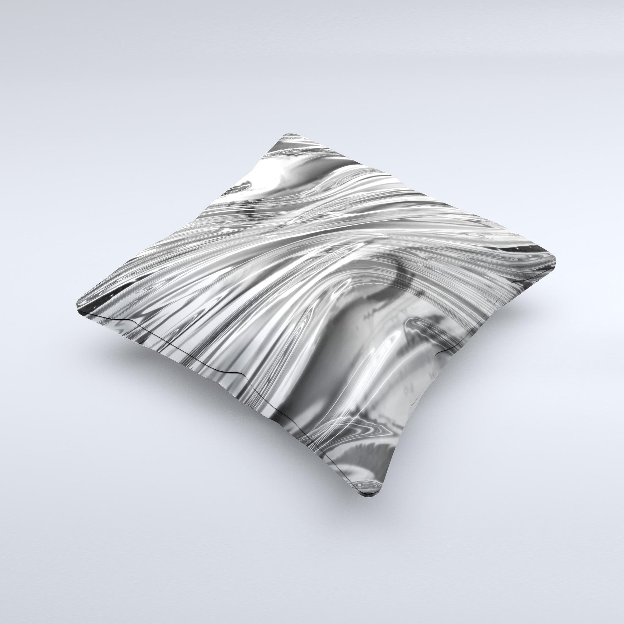 Silver Liquid Mercury Ink-Fuzed Decorative Throw Pillow with unique hand-produced graphic design, showcasing high-quality fabric and craftsmanship.