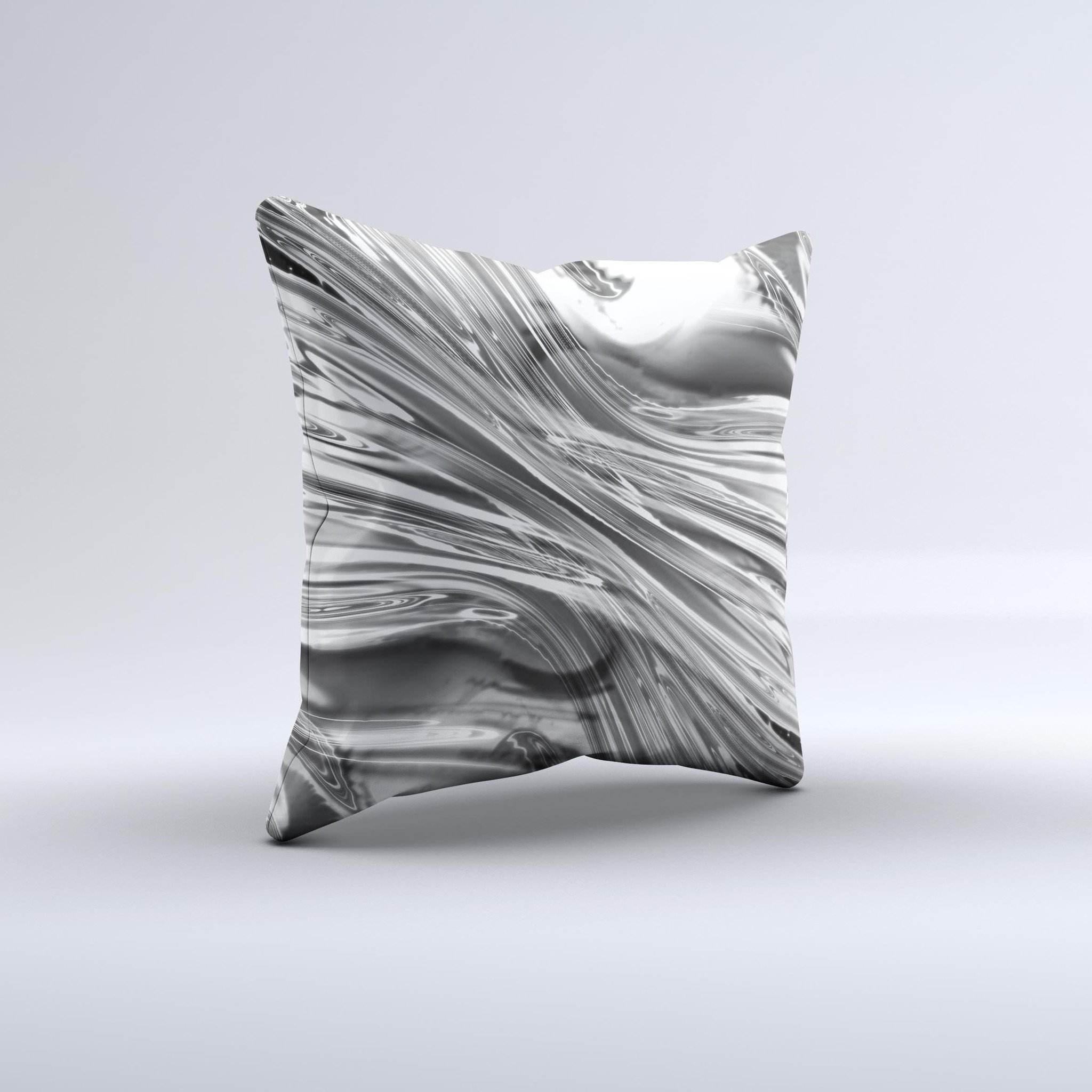 Silver Liquid Mercury Ink-Fuzed Decorative Throw Pillow with unique hand-produced graphic design, showcasing high-quality fabric and craftsmanship.