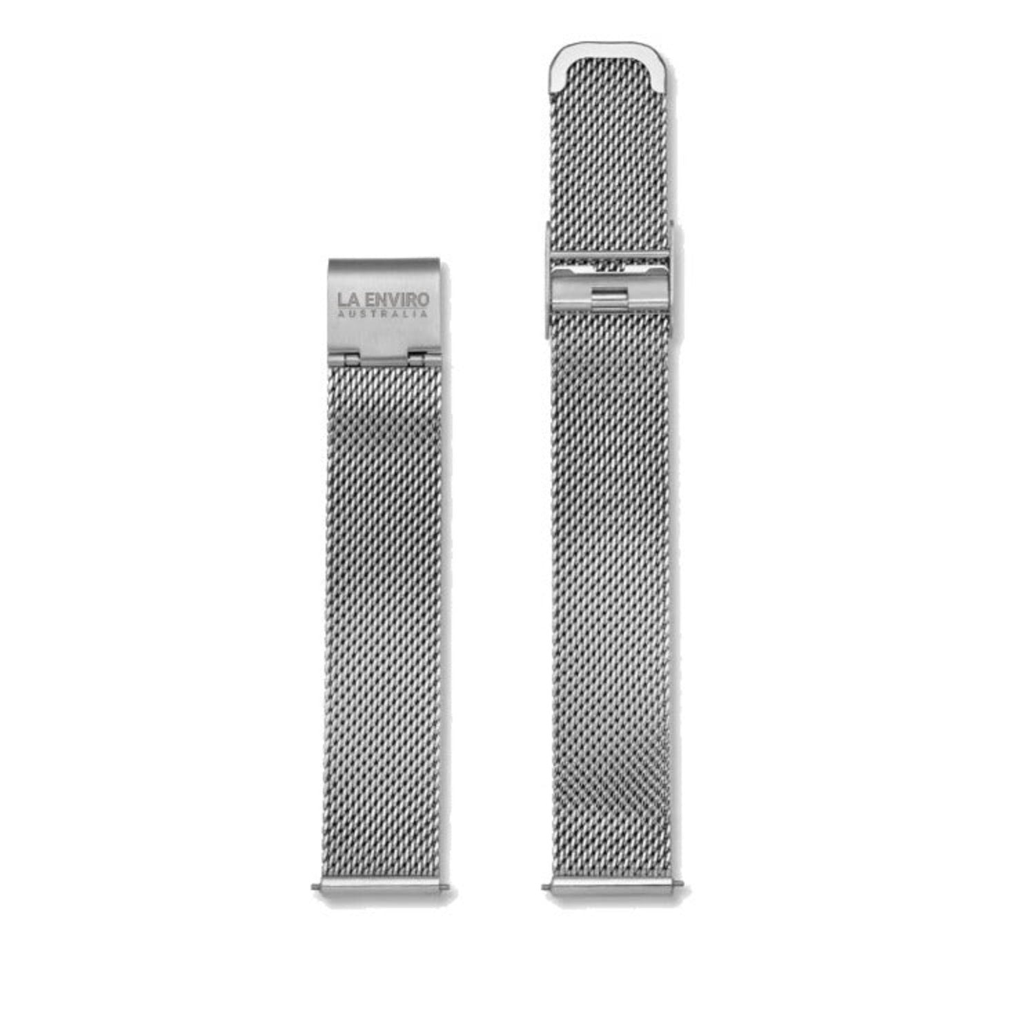 A stylish silver mesh watch strap made of stainless steel, featuring a quick release pin and engraved buckle, perfect for any wrist.