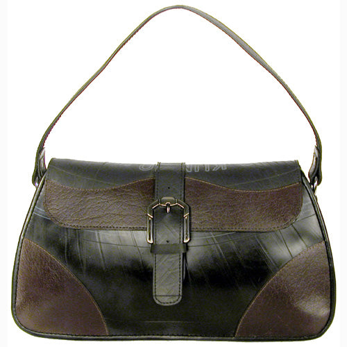 Silvia Recycled Tire Handbag made from salvaged tire inner tubes with recycled leather accents, showcasing its unique design and craftsmanship.